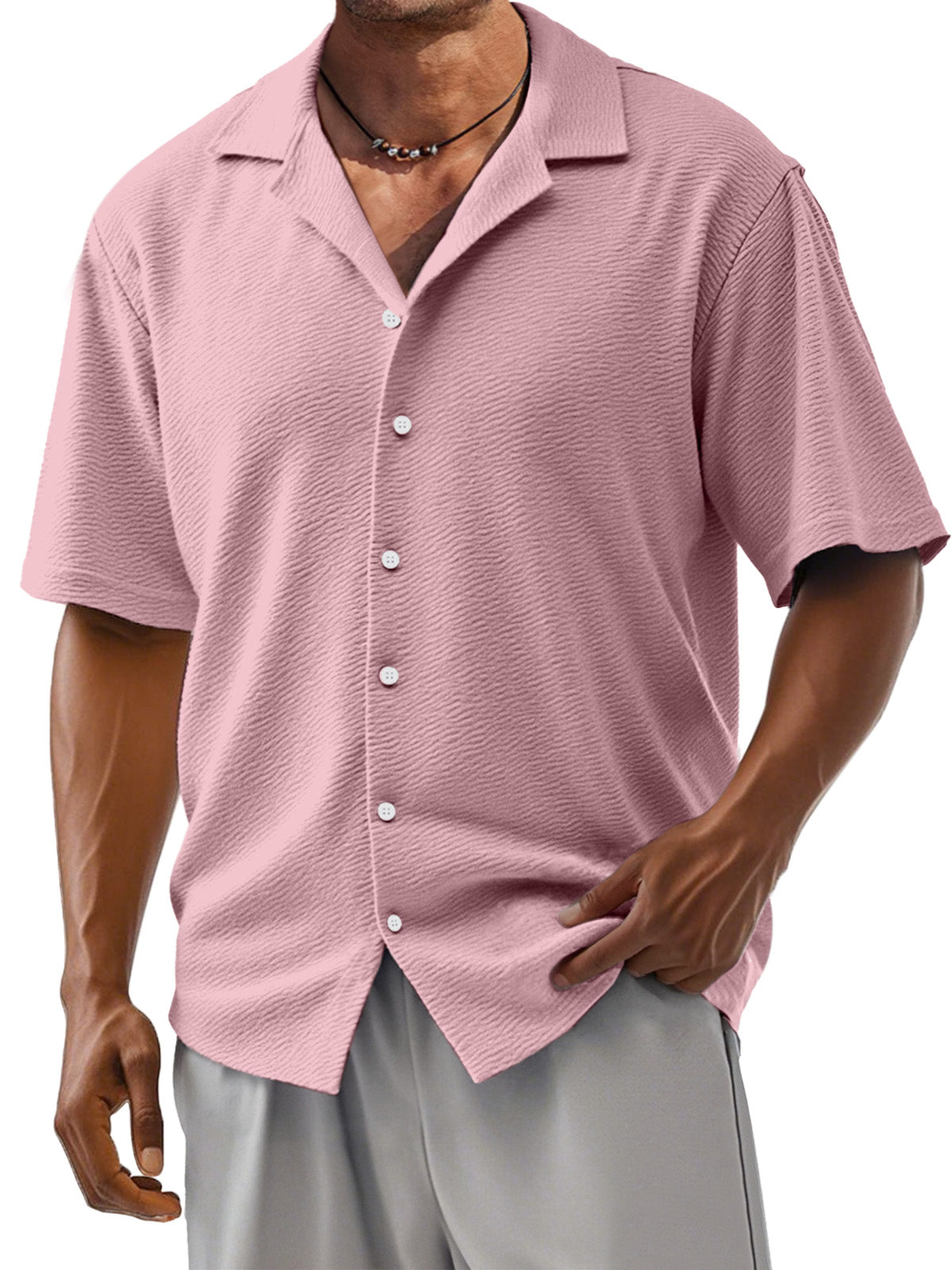 Men's Loose Solid Color Comfortable Texture Short-Sleeved Cuban Collar Shirt