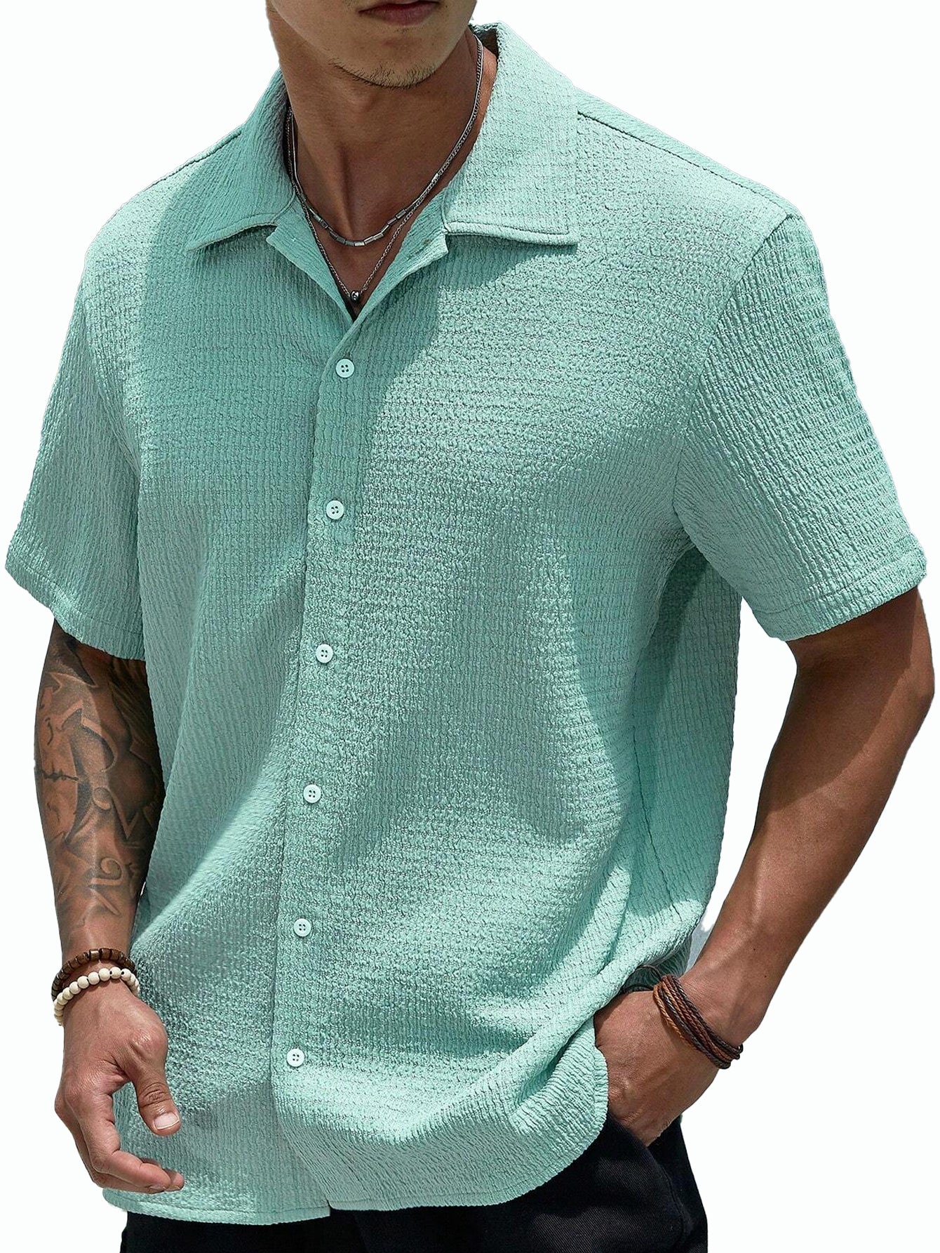 Stylish Men's Pleated Casual Lapel Short Sleeve Shirt
