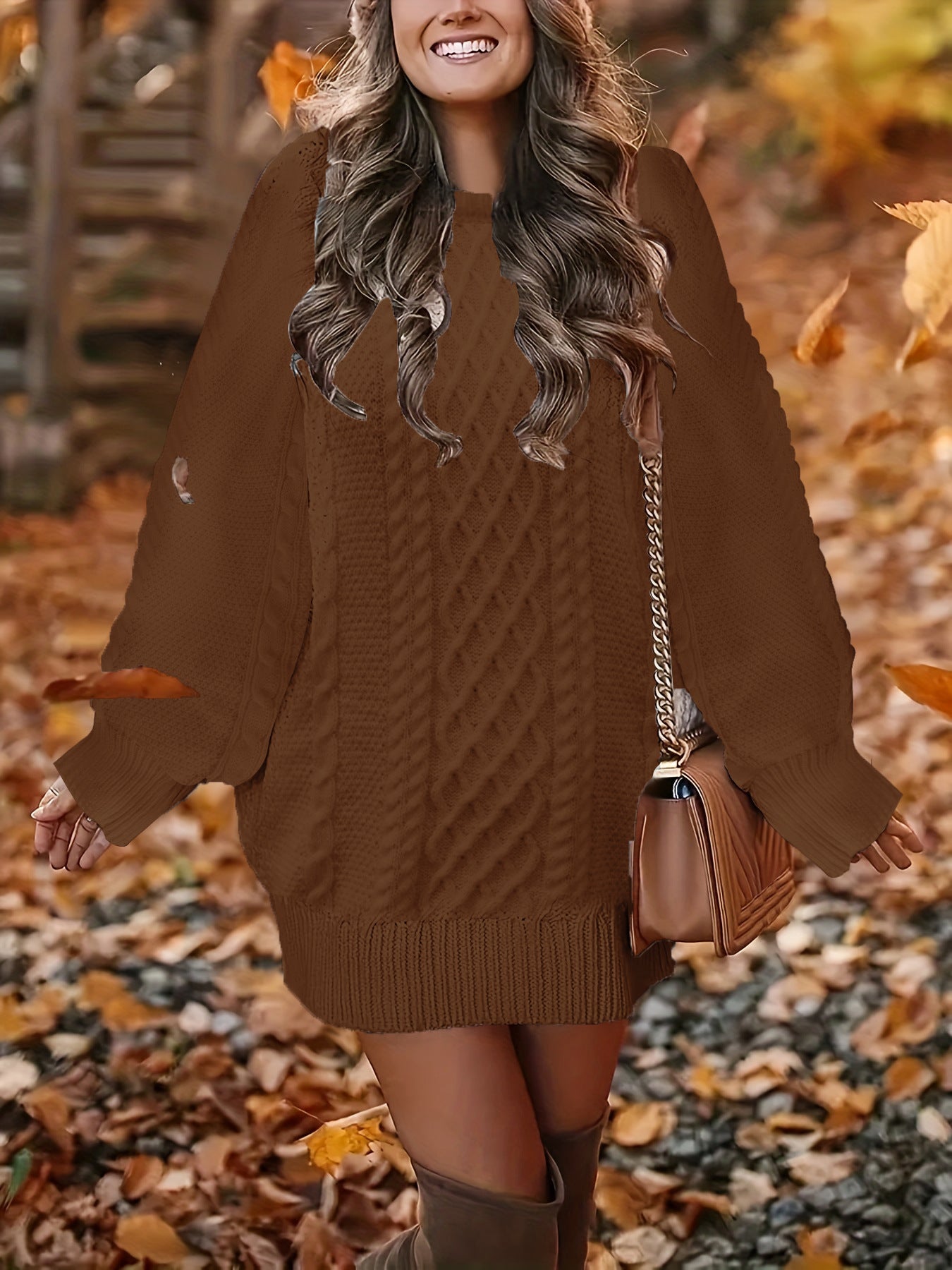 Women Round Neck Hip-pack Versatile Knitted Casual Dress