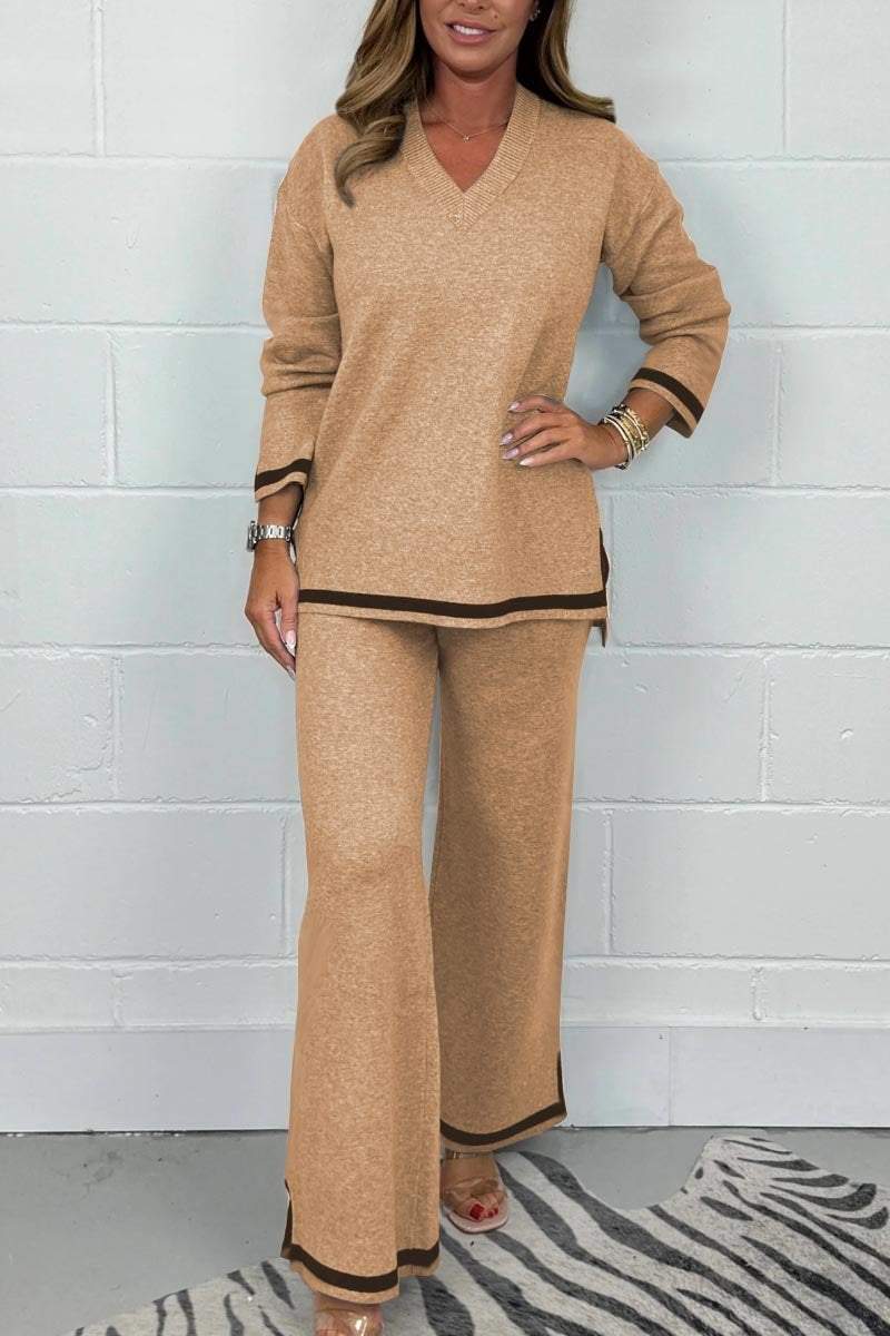 Women's V-Neck Soft Knit Border Edge Trouser Co-Ord Fashion Trends