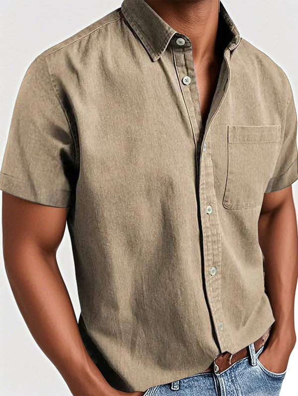 Men's Basic Retro Washed Pocket Short-sleeved Shirt