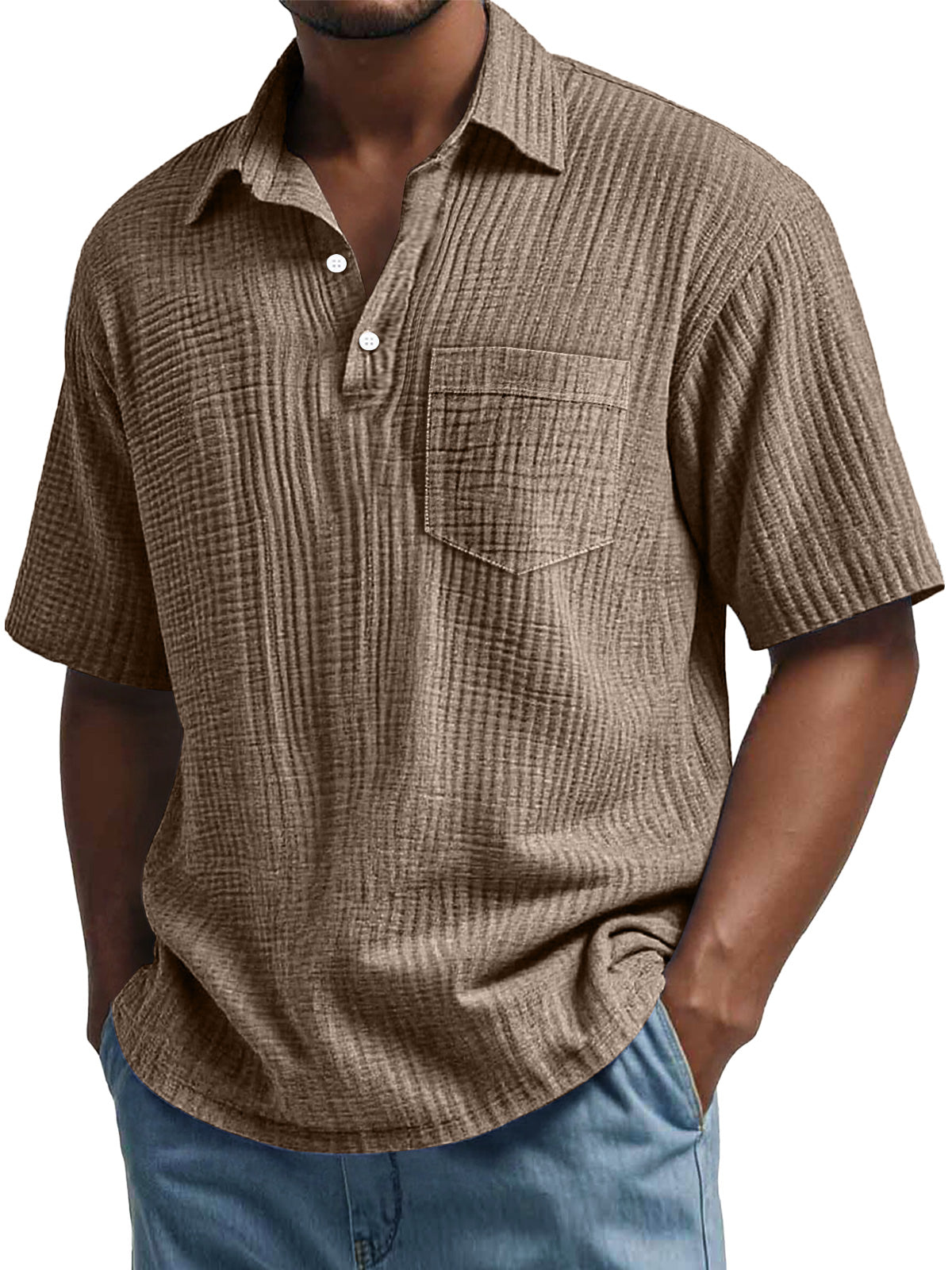 Men's Daily Pleated Casual Lapel Pocket Short Sleeve POLO Shirt