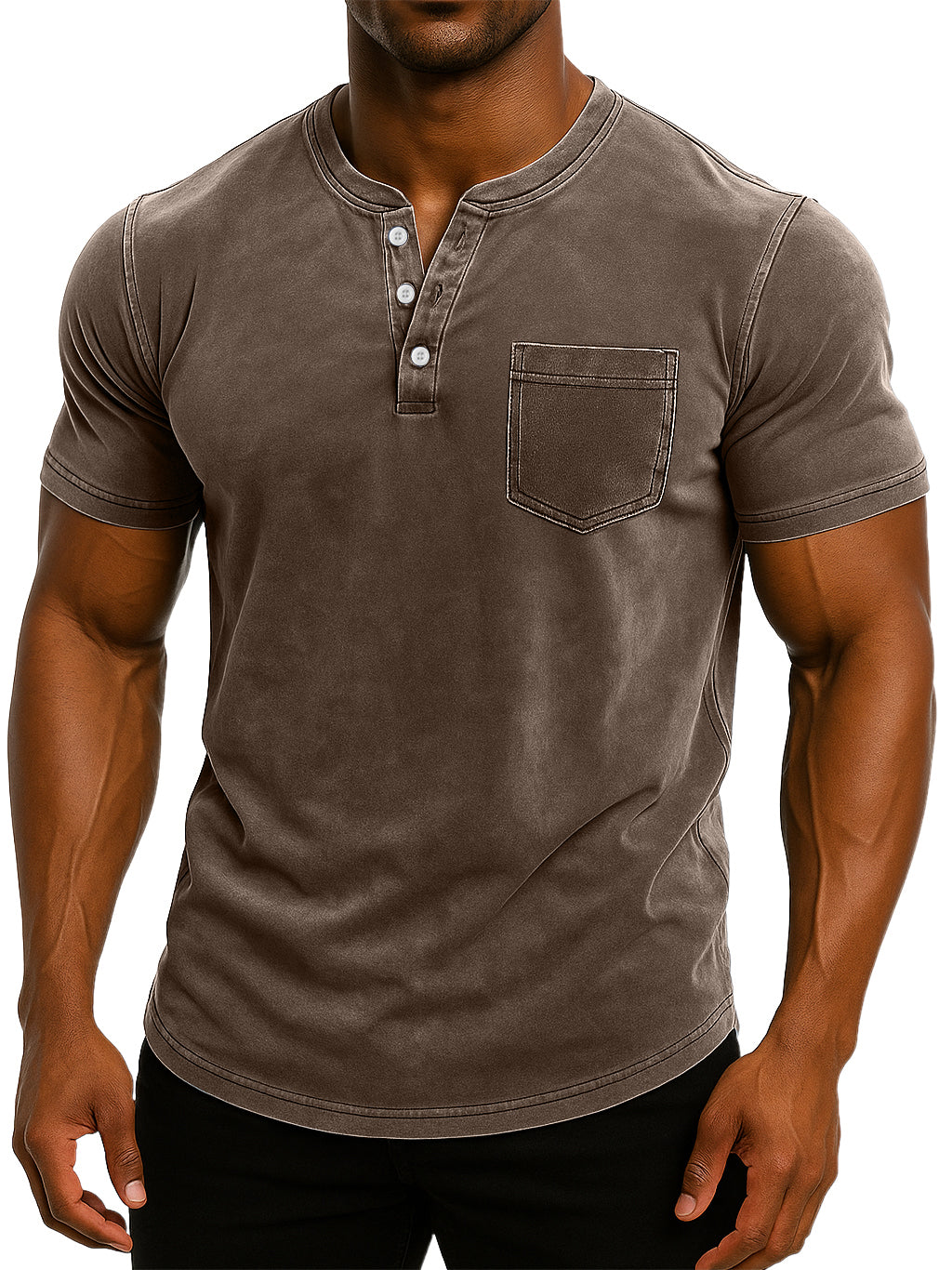 Men's Retro Stand Collar Casual Pocket Solid Color Slim Fit Short Sleeve Henley Shirt