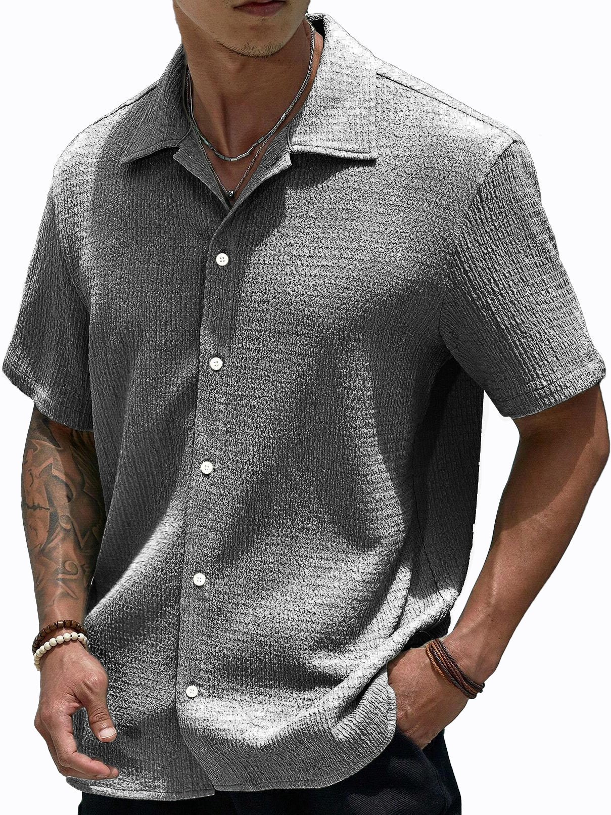 Stylish Men's Pleated Casual Lapel Short Sleeve Shirt