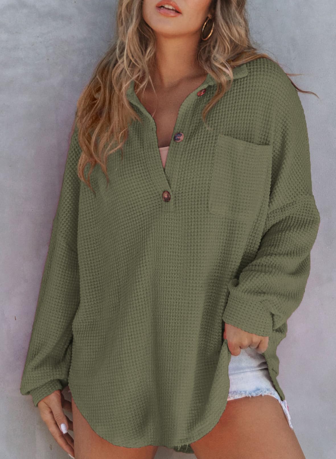 2025 New Women's Waffle Knit Henley V Neck Shirt Jacket (buy 2 free shipping)