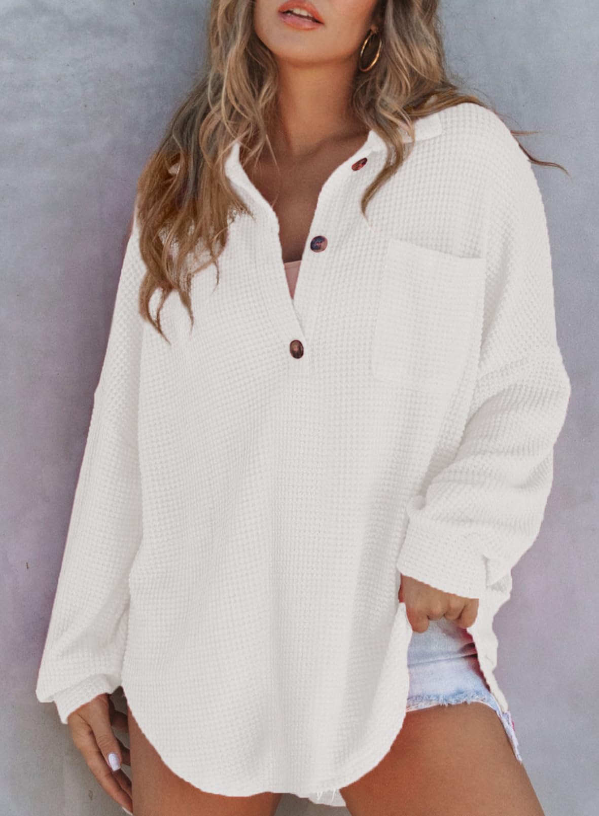 2025 New Women's Waffle Knit Henley V Neck Shirt Jacket (buy 2 free shipping)